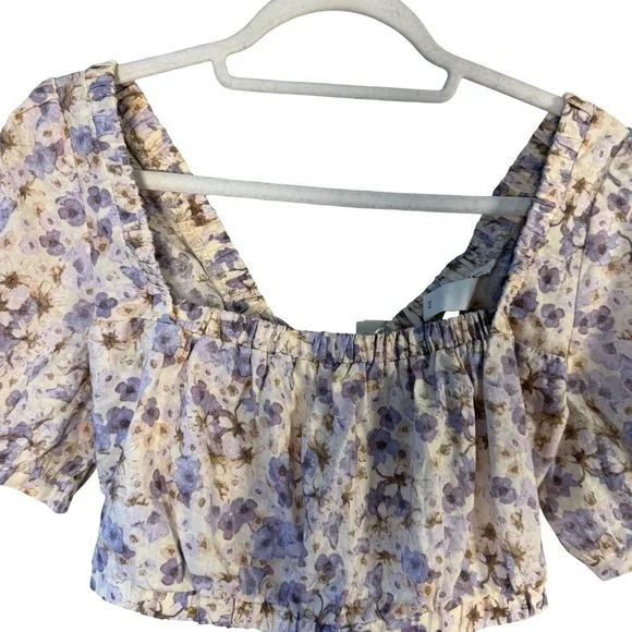 H&M Purple Floral Puff Sleeve Cropped Blouse Size S Cottagecore Boho Romantic - Picture 7 of 8